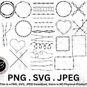 Barbed Wire SVG Bundle, Bared Wire Cut Files, Barbed Wire PNG, Barbed Wire Clipart, Barbed Wire Border, Heart Wire, Wire SVG Cut File, Wires