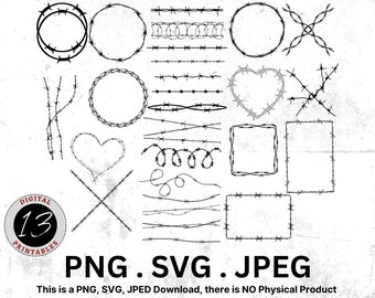 Paquete SVG de alambre de púas, archivos de corte de alambre desnudo, PNG de alambre de púas, imágenes prediseñadas de alambre de púas, borde de alambre de púas, alambre de corazón, archivo de corte SVG de alambre, alambres