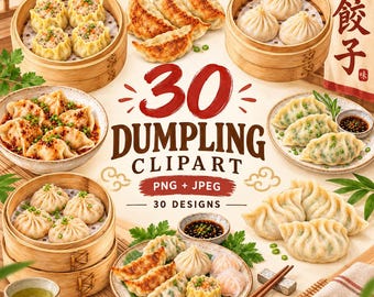 30 Dumpling Watercolor Clipart Bundle, Gyoza Wonton Potsticker PNG JPEG Digital Download