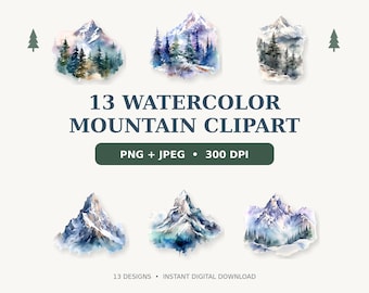 Paquete de 13 imágenes prediseñadas de montañas en acuarela: descarga digital de montañas nevadas en formato PNG y JPEG.