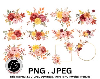 Acuarela Flores de Otoño Clipart, Flor PNG, Diseño de Flores de Otoño, Flor de Otoño PNG, Flor PNG, Imágenes Prediseñadas de Otoño, Floral de Otoño, Flores