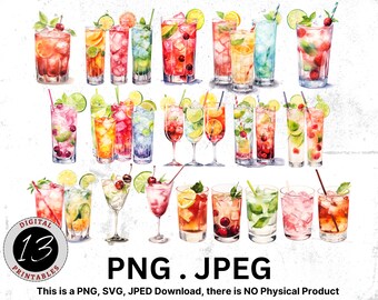 Clipart de cóctel de acuarela, paquete de cóctel, imágenes prediseñadas de alcohol, descarga digital, cóctel digital, ilustración de bebidas, bebidas PNG, alcohol