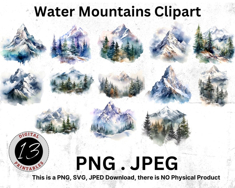 Puede incluir: Un conjunto de 13 ilustraciones de acuarela de monta&ntilde;as nevadas con pinos. Las monta&ntilde;as est&aacute;n pintadas en tonos de azul, blanco y gris, con toques de morado y rosa. Los &aacute;rboles son verdes y marrones. Las ilustraciones son perfectas para agregar un toque de naturaleza a tus dise&ntilde;os.