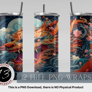 Japanese Dragon 20oz Sublimation Tumbler Designs, Sublimation Design png, Straight and Tapered Skinny Tumbler Wrap png, Dragon Design png