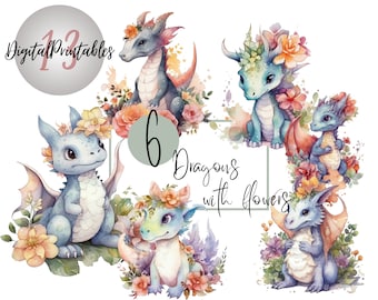 Cute Watercolor Dragons With Flowers Clipart, Floral Dragons Clipart, Fantasy Dragons, Watercolor Clipart, Digital Download Clipart, Dragons