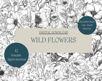 Papel digital de flores silvestres, Descarga digital PNG, Dibujo de flores, Patrón sin costuras, Flor silvestre PNG, Flor de Scrapbook, Flor silvestre PNG