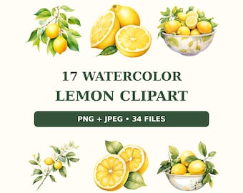 May include: A digital collection of 17 watercolor lemon clipart files in PNG and JPEG formats. The graphics feature yellow lemons on leafy branches, sliced lemon halves, and lemons arranged in decorative bowls with green foliage and white blossoms.