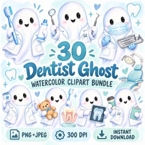 30 Tandläkare Spöke Akvarell Clipart Bundle, Tandverktyg PNG JPEG (Digital Nedladdning)