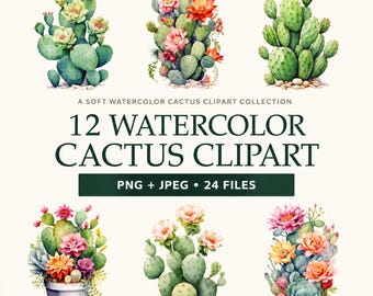 12 Watercolor Cactus Clipart Bundle – Desert Plant PNG & JPEG Digital Download