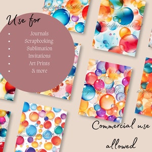 Puede incluir: Un conjunto de 8 dise&ntilde;os de papel digital con burbujas coloridas e iridiscentes sobre un fondo blanco. El texto "Usar para" y una lista de usos se incluye, junto con el texto "Uso comercial permitido".