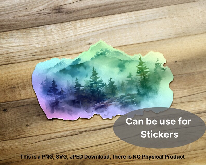 Puede incluir: Una ilustraci&oacute;n digital de una escena de monta&ntilde;a brumosa con un bosque de &aacute;rboles de hoja perenne. La imagen est&aacute; en tonos de azul, verde y morado. El texto "Can be use for Stickers" est&aacute; debajo de la imagen.