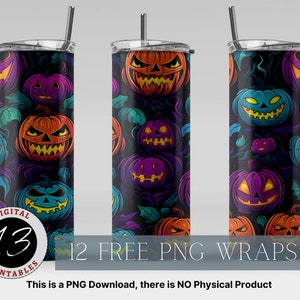 May include: Three Halloween-themed tumblers with a repeating pattern of jack-o'-lanterns in orange, purple, and teal. The pumpkins have glowing eyes and toothy grins against a dark background with leaves. The text "DIGITAL 13 PRINTABLES" and "12 FREE PNG WRAPS" is also visible.