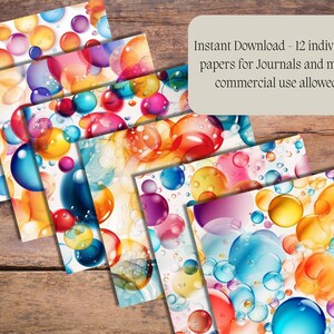 Puede incluir: Doce papeles digitales con un patr&oacute;n sin costuras de burbujas transl&uacute;cidas de colores sobre un fondo blanco. Descarga instant&aacute;nea - 12 papeles individuales para diarios y m&aacute;s, uso comercial permitido.