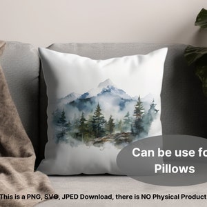 Puede incluir: Una pintura de acuarela de una cordillera con &aacute;rboles y niebla. La pintura est&aacute; en una funda de almohada blanca. El texto "Can be use for Pillows" est&aacute; en una forma ovalada gris debajo de la funda de almohada.