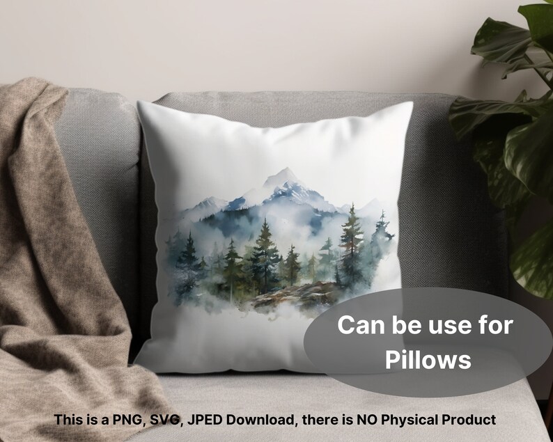 Puede incluir: Una pintura de acuarela de una cordillera con &aacute;rboles y niebla. La pintura est&aacute; en una funda de almohada blanca. El texto "Can be use for Pillows" est&aacute; en una forma ovalada gris debajo de la funda de almohada.