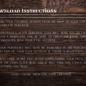 Puede incluir: Instrucciones de descarga para archivos digitales en Etsy. Agrega dise&ntilde;os a tu carrito, completa la compra y recibe un correo electr&oacute;nico con un enlace de descarga. Los archivos est&aacute;n en formato PDF y se pueden editar en Canva.