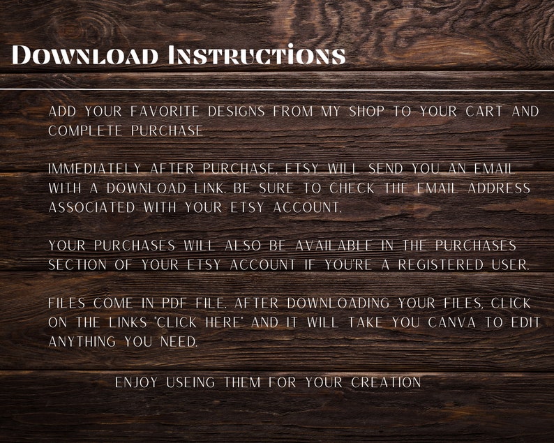 Puede incluir: Instrucciones de descarga para archivos digitales en Etsy. Agrega dise&ntilde;os a tu carrito, completa la compra y recibe un correo electr&oacute;nico con un enlace de descarga. Los archivos est&aacute;n en formato PDF y se pueden editar en Canva.