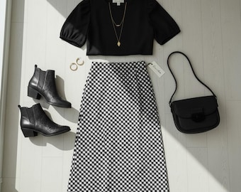 Bias Cut Midi Skirt | Black and White Gingham  Cotton Skirt Women |  Australian Handmade