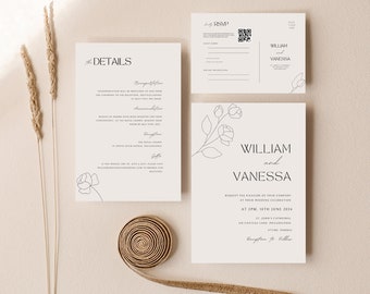 Minimalist Wedding Invites with QR Code, Minimalist Wedding Invite Suite, Modern Invite, Simple Editable Invite Template