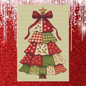 May include: A cross-stitch Christmas tree design with a star and a red bow. The tree is made up of sections with patterns in red, green, and white. The patterns include hearts, plaid, and floral motifs. The background is a light beige.