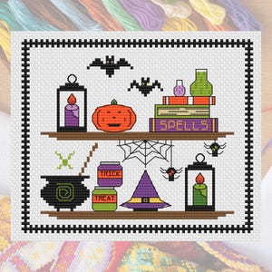 Halloween, Pumpkins, Witch, Scary, Haunted, Spooky - DIY Cross Stitch Project - The Witch's Shelves MHB10045