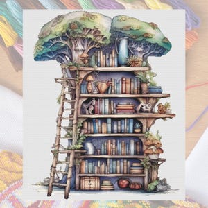 Fairy Books, Bookshelf, Mythical Magic, Reader, Writer, Folklore, Nature Tree, Cross Stitch Pattern, MHB10002