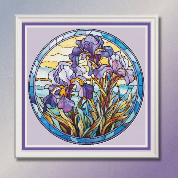 Stain Glass Floral Cross Stitch Pattern Printable - DIY Embroidery Project - Louisiana Purple Iris Flowers