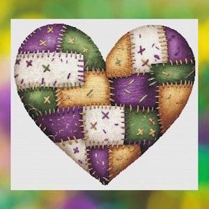 Cross Stitch Pattern, Quilted Patchwork Mardi Gras Heart