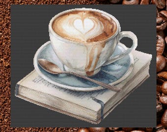 Cozy Coffee & Book Cross Stitch Pattern, Beginner Modern Design (PDF Pattern)