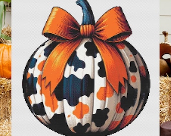 Cow Print Pumpkin Cross Stitch Pattern: Halloween Fall Decor (PDF Pattern)