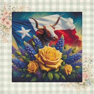 Cross Stitch Pattern, Texas, Bluebonnets, Longhorn, yellow rose, Texas pride, TX, western