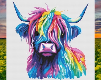 Rainbow Highland Cow Cross Stitch Pattern: Western Decor (PDF Pattern)