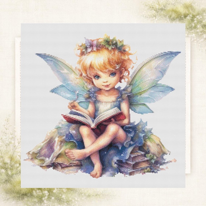 Fairy Reading Book Cross Stitch Pattern: Whimsical Embroidery (PDF) image 1