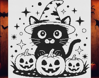 Korsstygnsmönster för Halloween-svart katt: Spöklikt svartstygn (PDF-mönster)