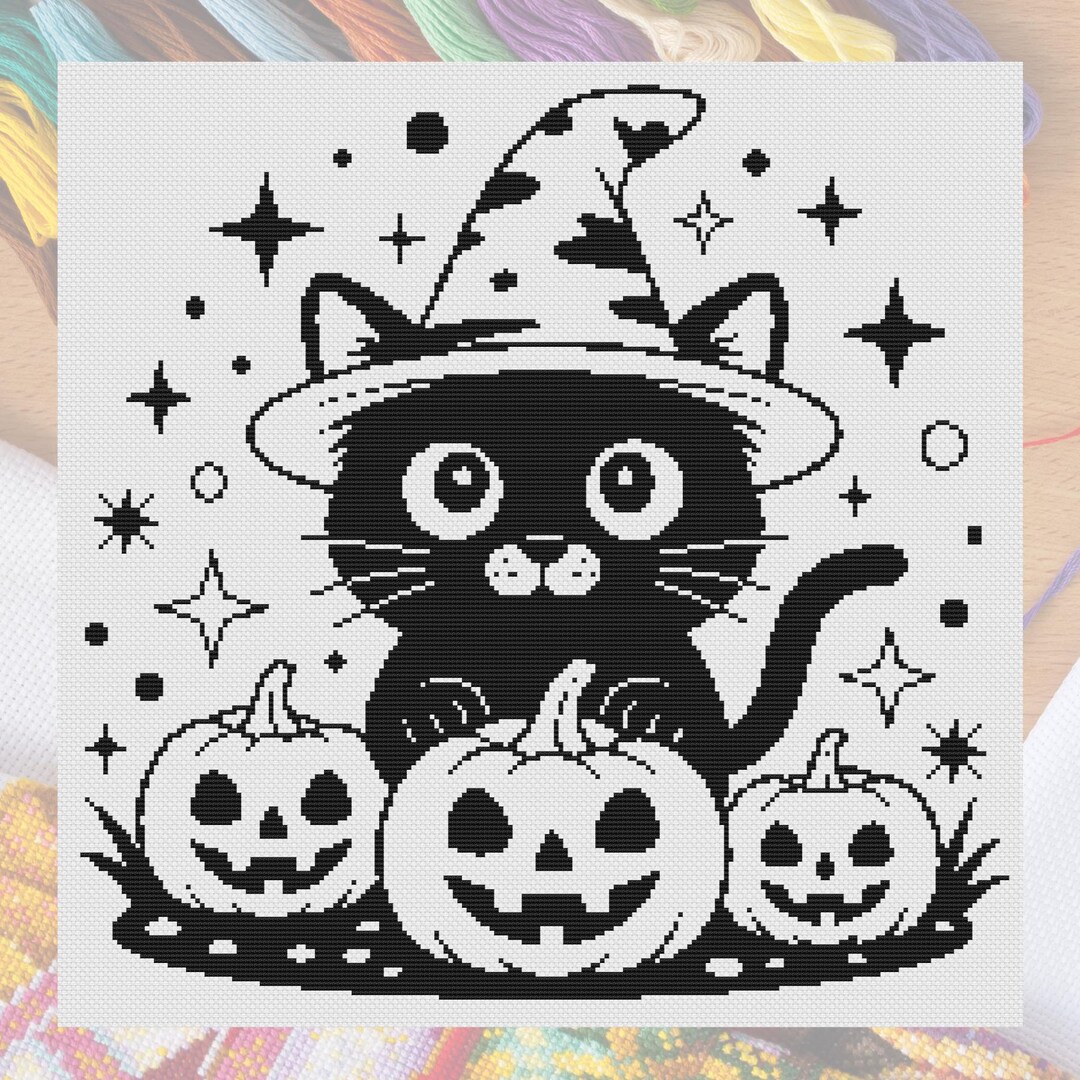 Halloween Black Cat Cross Stitch Pattern: Spooky Blackwork (PDF Pattern ...