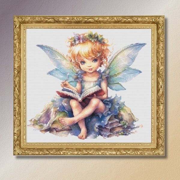 Magic Fairy Books Mythical Fae Reader Writer Folklore Nature Watercolor Blue Purple / Cross Stitch Pattern