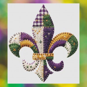 Cross Stitch Pattern, Quilted Patchwork Mardi Gras Fleur‑de‑Lis