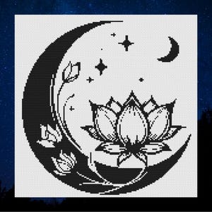 Cross Stitch Pattern, Celestial, Moon, Lotus, Black work stitching