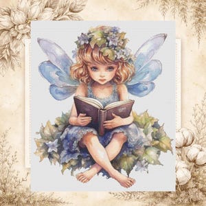 Fairy Reading Book Cross Stitch Pattern: Whimsical Girl Embroidery (PDF)