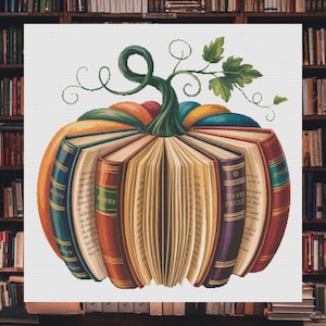 Kruissteekpatroon, herfstpompoen, boekenliefhebber, boekenpompoen, lezers, herfstdecor