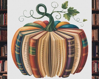 Cross Stitch Pattern, Fall Pumpkin, Book Lover, Pumpkin of Books, Readers, Autumn Decor