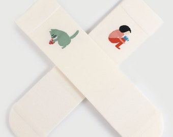 Calcetines de algodón Pima con diseño de gato - Diseño pastel divertido