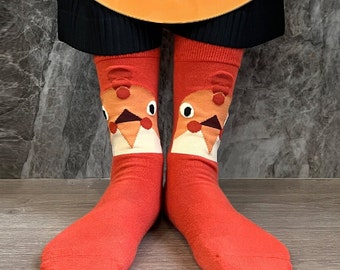 Calcetines navideños divertidos de pollo: calcetines naranjas con gallo