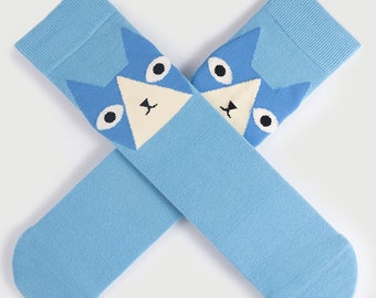 Calcetines de gato divertidos: regalo de San Valentín en azul polvoriento, calcetines con cara personalizada