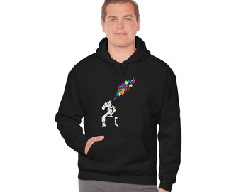 Abstract Minimalist Banksy Inspired Unisex Heavy Blend Hooded Sweatshirt With Dramatic Cartoon Collage Large Front Design