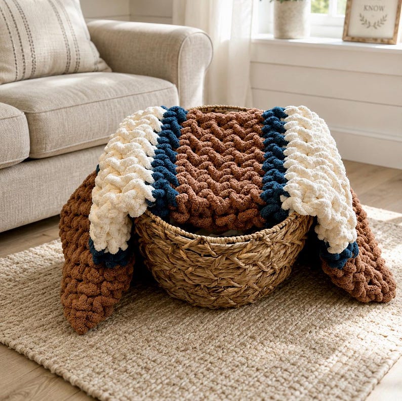 Beginner-friendly chunky hand knit blanket video tutorial by Wistfully Woven featuring the Rustic Barn Weave stitch pattern in a soft sky blue color. Digital PDF download includes a 15+ minute step-by-step YouTube tutorial teaching how to make a cozy chunky knit blanket from cast on to cast off.
