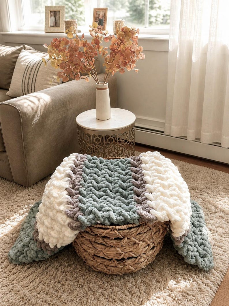 May include: A chunky knit blanket in a woven basket. The blanket features sections of white, gray, and teal. The basket is made of woven wicker and sits on a beige rug. A sofa and side table with a vase of flowers are in the background.