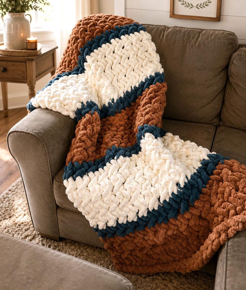 Beginner-friendly chunky hand knit blanket video tutorial by Wistfully Woven featuring the Rustic Barn Weave stitch pattern in a soft sky blue color. Digital PDF download includes a 15+ minute step-by-step YouTube tutorial teaching how to make a cozy chunky knit blanket from cast on to cast off.
