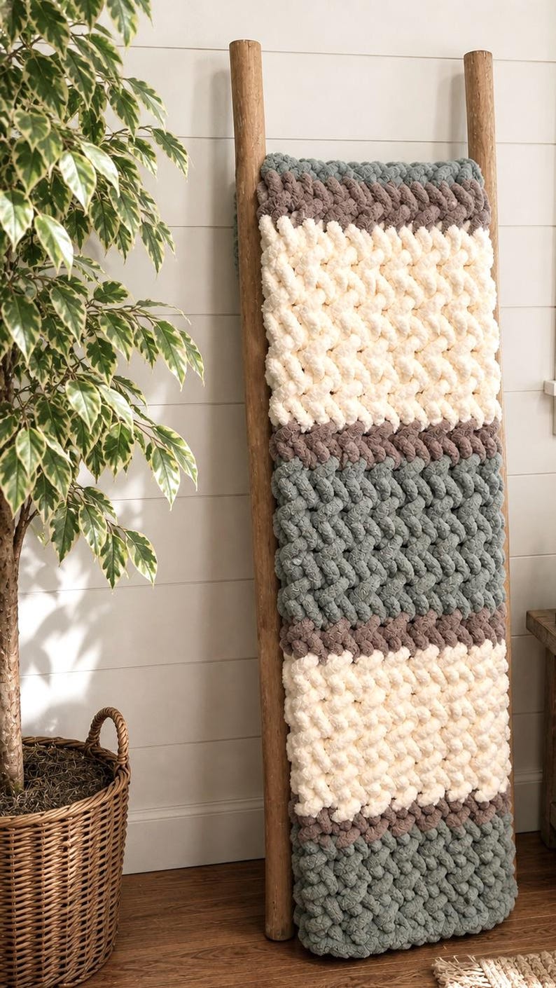 Beginner-friendly chunky hand knit blanket video tutorial by Wistfully Woven featuring the Rustic Barn Weave stitch pattern in a soft sky blue color. Digital PDF download includes a 15+ minute step-by-step YouTube tutorial teaching how to make a cozy chunky knit blanket from cast on to cast off.