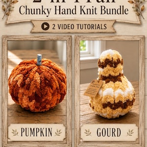 May include: A Wistfully Woven's 2-in-1 Fall Chunky Hand Knit Bundle featuring 2 video tutorials. The image displays a textured orange pumpkin with a stem and a multi-colored brown, tan, and white gourd, plus a small white pumpkin at the bottom.